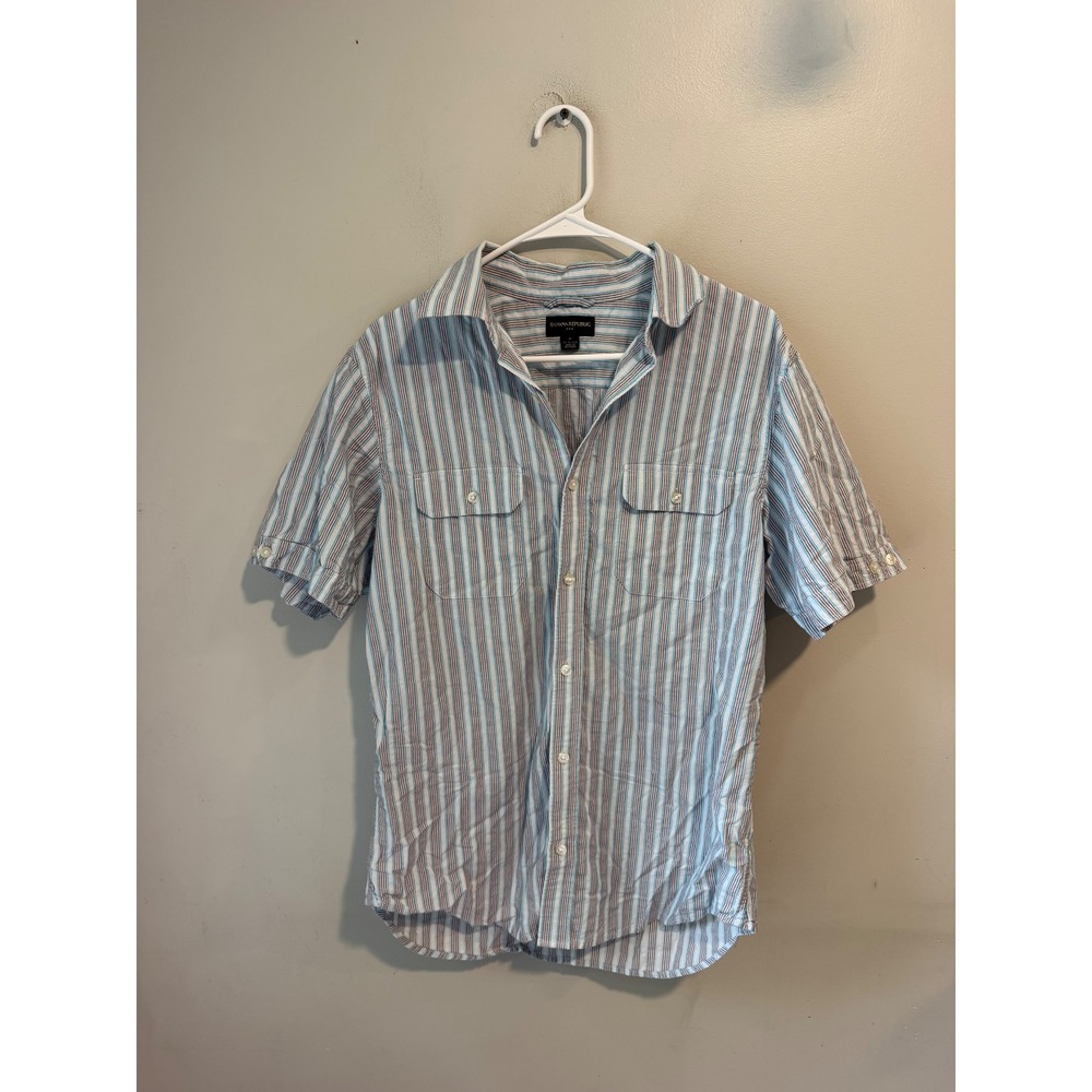 Banana Republic Mens Blue White Brown Striped Short Sleeve Button Down Shirt M
